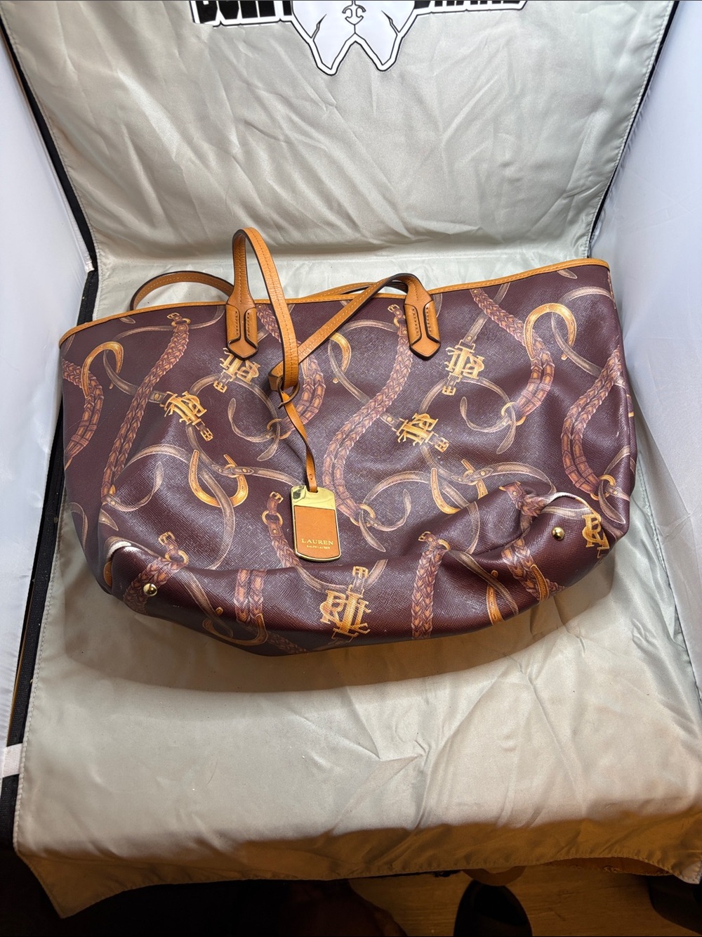LAUREN Ralph Lauren Brown and Tan Chain-Print Tote